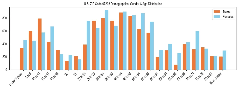 Bar chart showing the population distribution of US ZIP Code 07203 by age group and gender, based on 2023 ACS data.