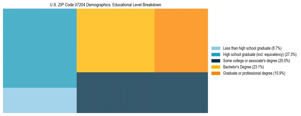 Treemap chart illustrating the educational attainment breakdown for population 25 years and over in US ZIP Code 07204.