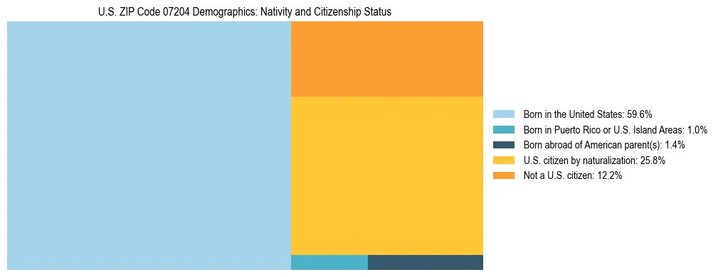 Treemap showing the population distribution by nativity and citizenship status in US ZIP Code 07204 based on U.S. Census data.