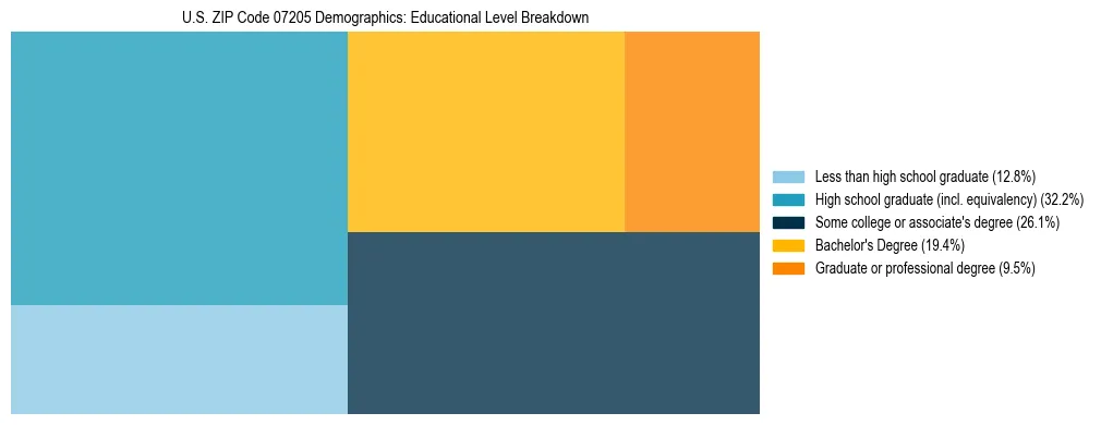 Treemap chart illustrating the educational attainment breakdown for population 25 years and over in US ZIP Code 07205.