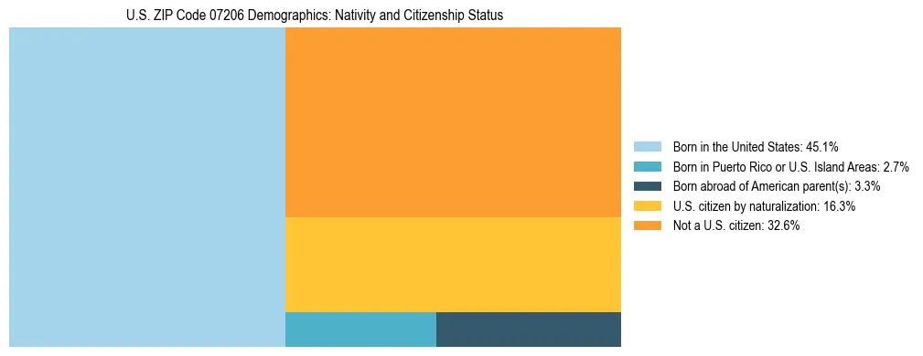 Treemap showing the population distribution by nativity and citizenship status in US ZIP Code 07206 based on U.S. Census data.
