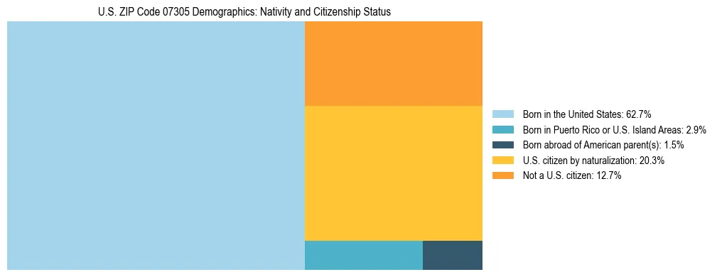 Treemap showing the population distribution by nativity and citizenship status in US ZIP Code 07305 based on U.S. Census data.
