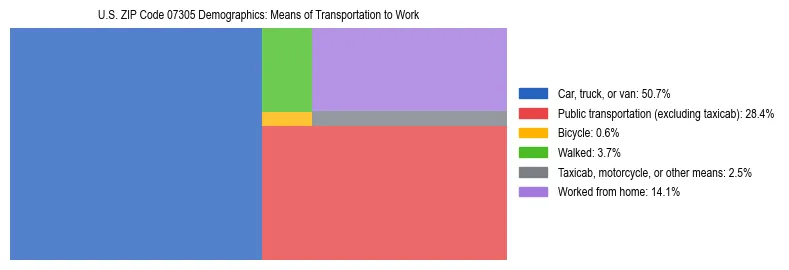 Treemap showing means of transportation to work distribution in US ZIP Code 07305.