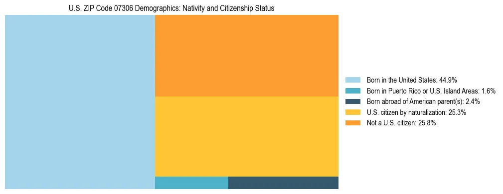 Treemap showing the population distribution by nativity and citizenship status in US ZIP Code 07306 based on U.S. Census data.