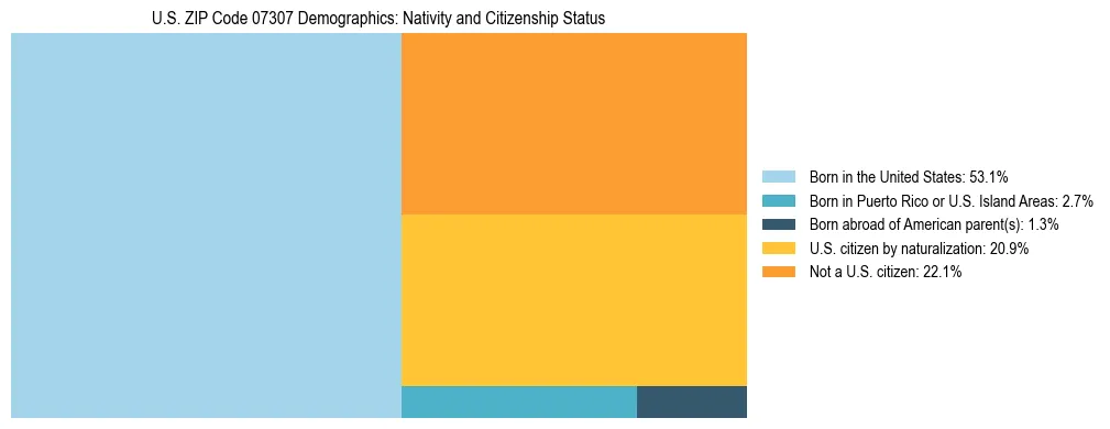 Treemap showing the population distribution by nativity and citizenship status in US ZIP Code 07307 based on U.S. Census data.