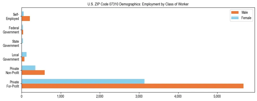 Horizontal bar chart showing employment distribution by class of worker and gender in US ZIP Code 07310, based on 2023 ACS data.