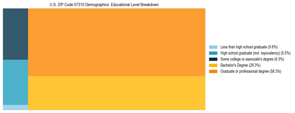 Treemap chart illustrating the educational attainment breakdown for population 25 years and over in US ZIP Code 07310.