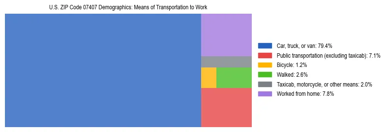 Treemap showing means of transportation to work distribution in US ZIP Code 07407.