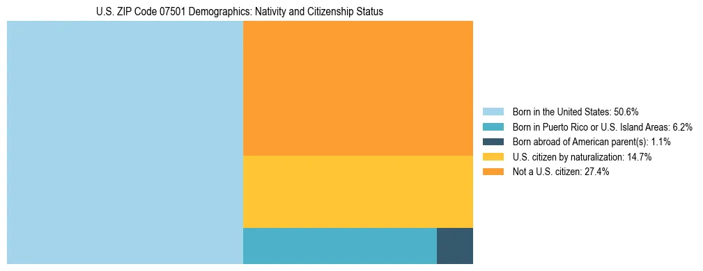 Treemap showing the population distribution by nativity and citizenship status in US ZIP Code 07501 based on U.S. Census data.