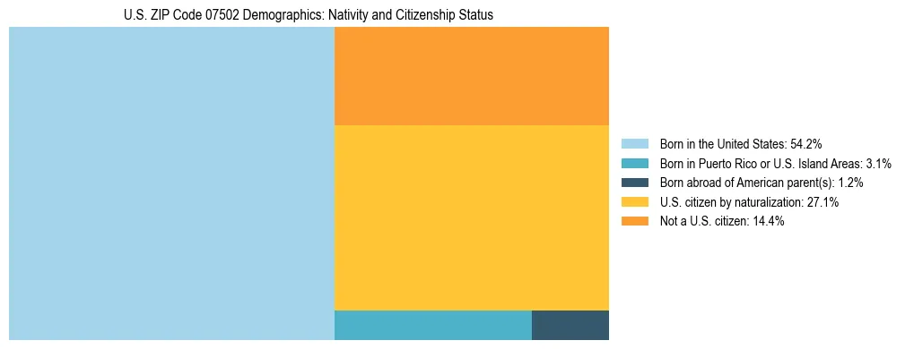 Treemap showing the population distribution by nativity and citizenship status in US ZIP Code 07502 based on U.S. Census data.