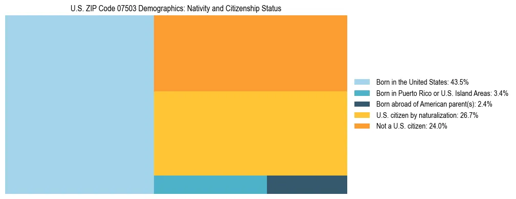 Treemap showing the population distribution by nativity and citizenship status in US ZIP Code 07503 based on U.S. Census data.