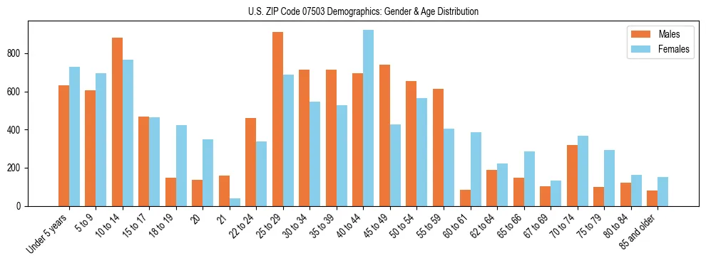 Bar chart showing the population distribution of US ZIP Code 07503 by age group and gender, based on 2023 ACS data.