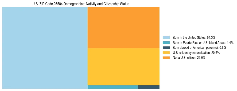 Treemap showing the population distribution by nativity and citizenship status in US ZIP Code 07504 based on U.S. Census data.