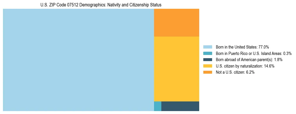 Treemap showing the population distribution by nativity and citizenship status in US ZIP Code 07512 based on U.S. Census data.