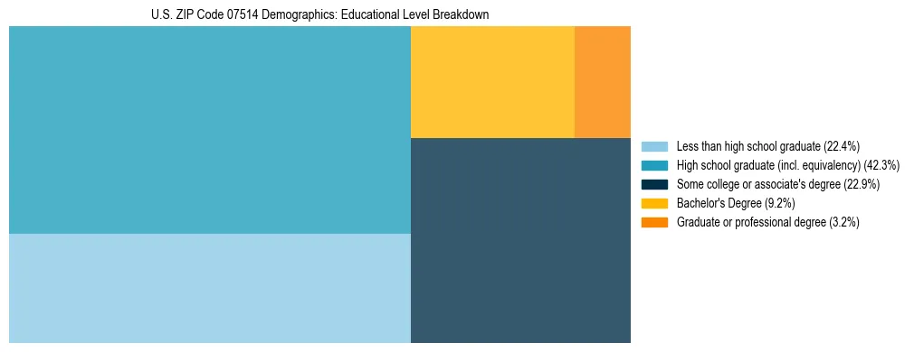 Treemap chart illustrating the educational attainment breakdown for population 25 years and over in US ZIP Code 07514.