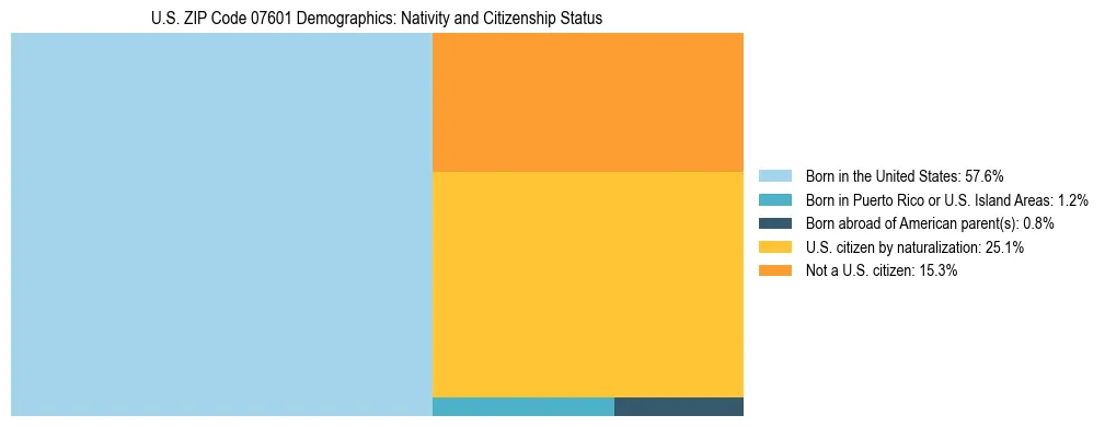 Treemap showing the population distribution by nativity and citizenship status in US ZIP Code 07601 based on U.S. Census data.