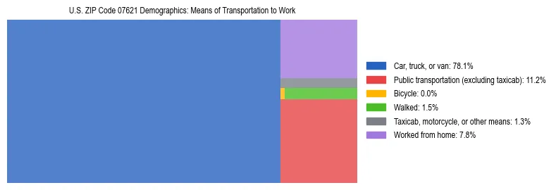 Treemap showing means of transportation to work distribution in US ZIP Code 07621.