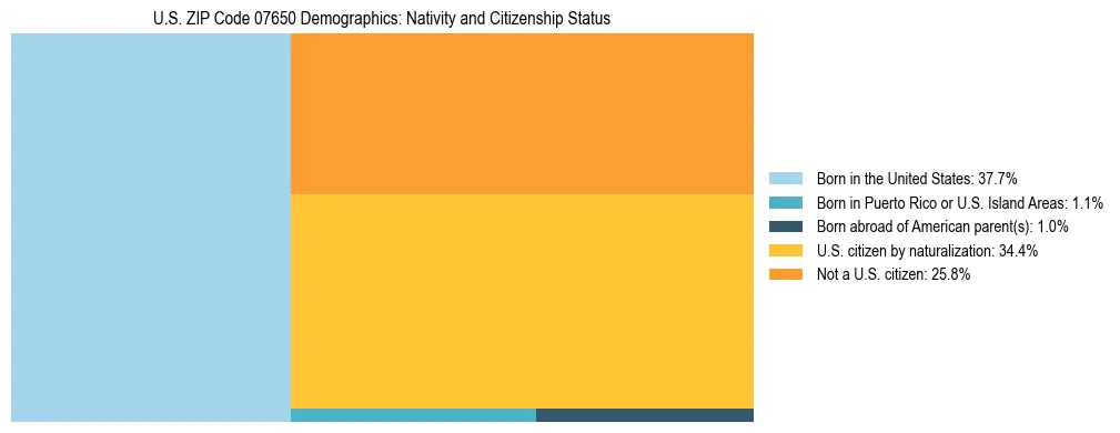 Treemap showing the population distribution by nativity and citizenship status in US ZIP Code 07650 based on U.S. Census data.