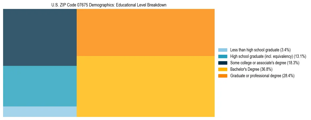 Treemap chart illustrating the educational attainment breakdown for population 25 years and over in US ZIP Code 07675.