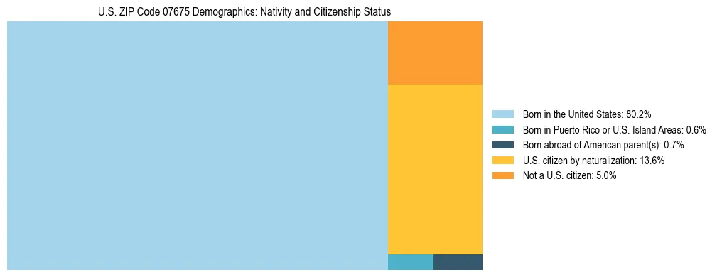 Treemap showing the population distribution by nativity and citizenship status in US ZIP Code 07675 based on U.S. Census data.