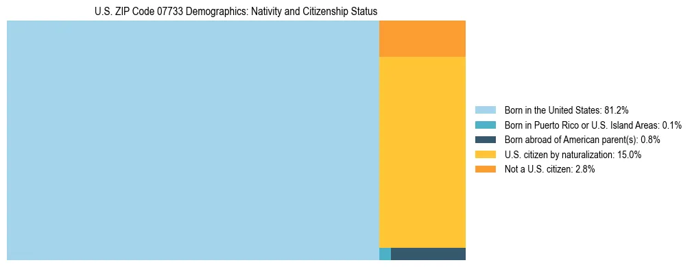 Treemap showing the population distribution by nativity and citizenship status in US ZIP Code 07733 based on U.S. Census data.