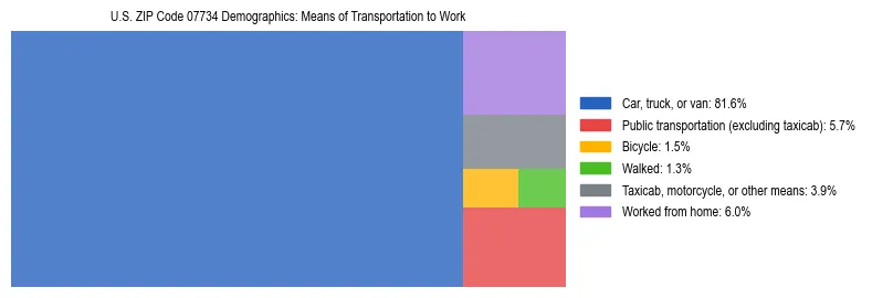 Treemap showing means of transportation to work distribution in US ZIP Code 07734.