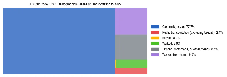 Treemap showing means of transportation to work distribution in US ZIP Code 07801.