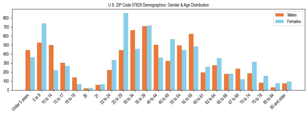 Bar chart showing the population distribution of US ZIP Code 07828 by age group and gender, based on 2023 ACS data.