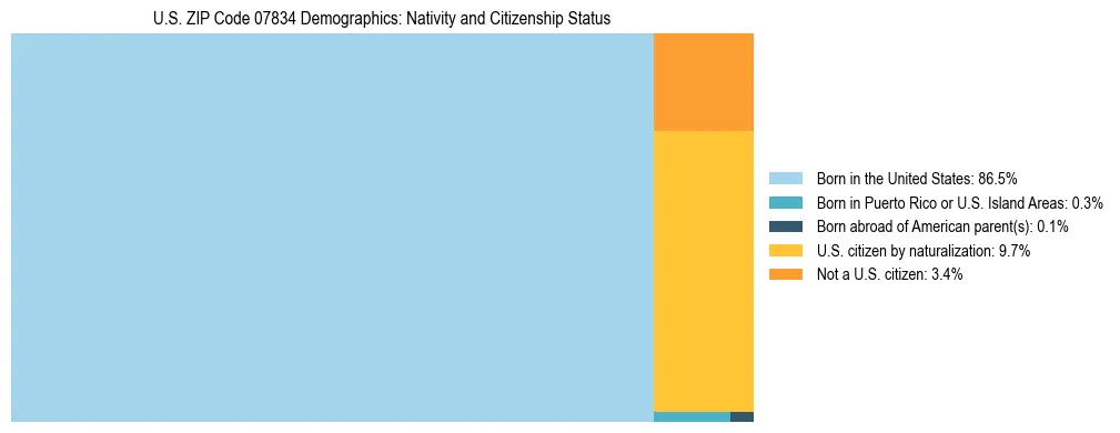 Treemap showing the population distribution by nativity and citizenship status in US ZIP Code 07834 based on U.S. Census data.