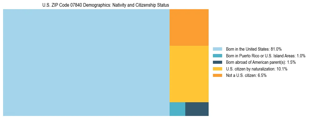 Treemap showing the population distribution by nativity and citizenship status in US ZIP Code 07840 based on U.S. Census data.