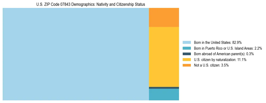 Treemap showing the population distribution by nativity and citizenship status in US ZIP Code 07843 based on U.S. Census data.