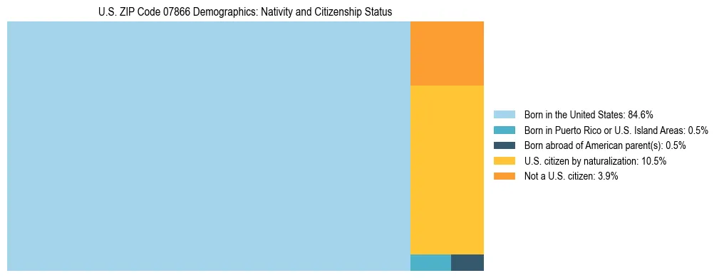 Treemap showing the population distribution by nativity and citizenship status in US ZIP Code 07866 based on U.S. Census data.