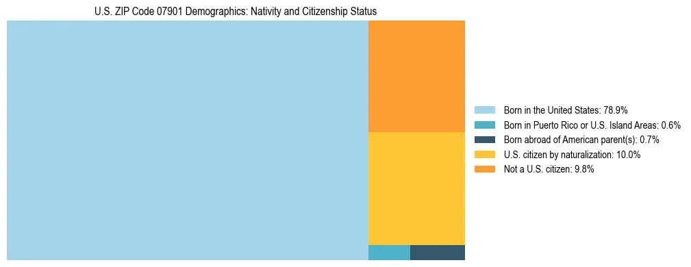 Treemap showing the population distribution by nativity and citizenship status in US ZIP Code 07901 based on U.S. Census data.