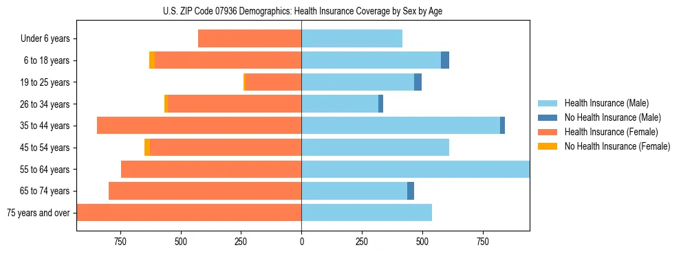Pyramid chart showing health insurance coverage by age and sex in US ZIP Code 07936.
