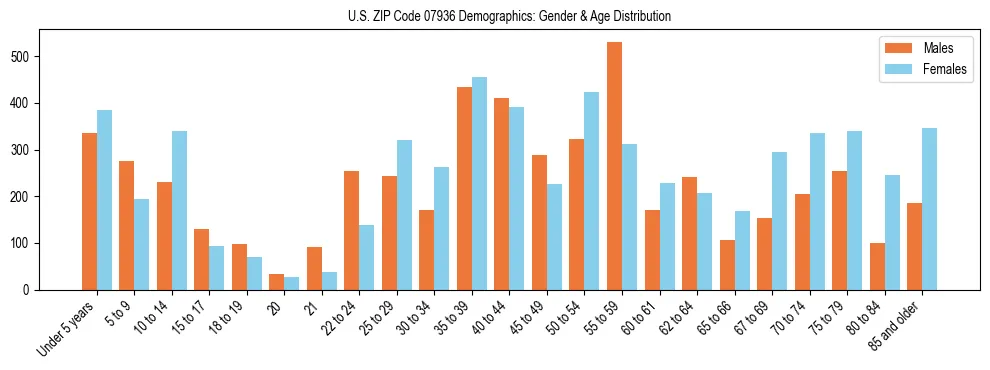 Bar chart showing the population distribution of US ZIP Code 07936 by age group and gender, based on 2023 ACS data.