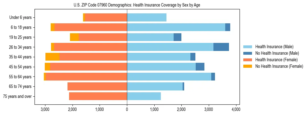 Pyramid chart showing health insurance coverage by age and sex in US ZIP Code 07960.