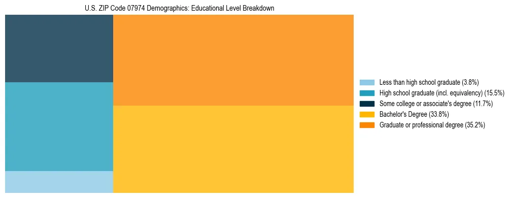 Treemap chart illustrating the educational attainment breakdown for population 25 years and over in US ZIP Code 07974.