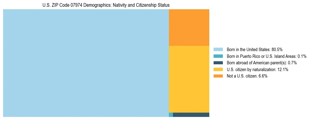 Treemap showing the population distribution by nativity and citizenship status in US ZIP Code 07974 based on U.S. Census data.