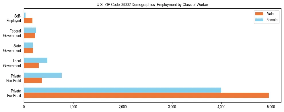 Horizontal bar chart showing employment distribution by class of worker and gender in US ZIP Code 08002, based on 2023 ACS data.