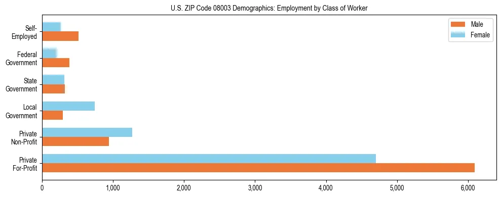 Horizontal bar chart showing employment distribution by class of worker and gender in US ZIP Code 08003, based on 2023 ACS data.