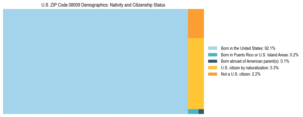 Treemap showing the population distribution by nativity and citizenship status in US ZIP Code 08009 based on U.S. Census data.