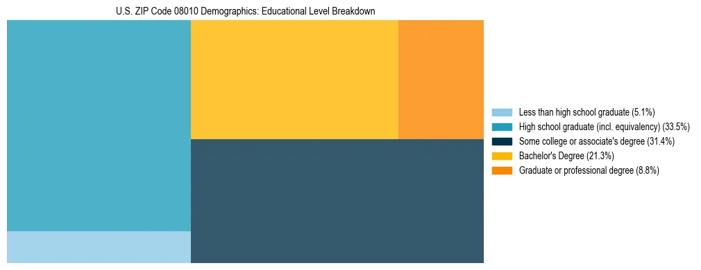Treemap chart illustrating the educational attainment breakdown for population 25 years and over in US ZIP Code 08010.