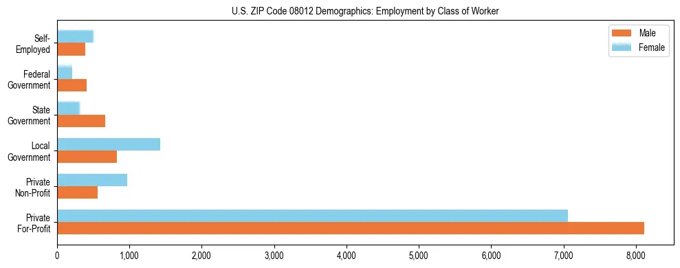 Horizontal bar chart showing employment distribution by class of worker and gender in US ZIP Code 08012, based on 2023 ACS data.