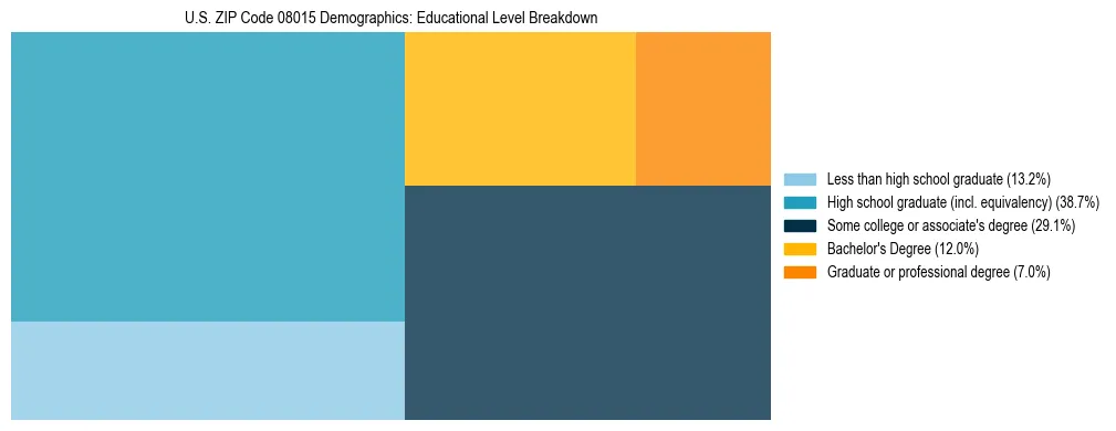 Treemap chart illustrating the educational attainment breakdown for population 25 years and over in US ZIP Code 08015.