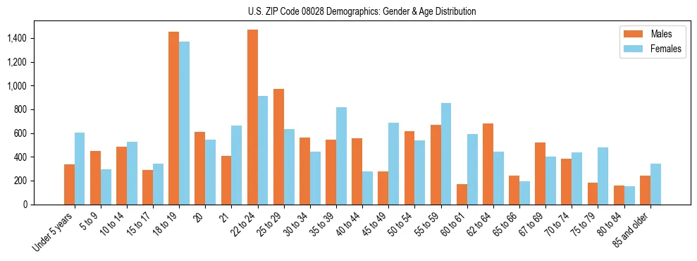 Bar chart showing the population distribution of US ZIP Code 08028 by age group and gender, based on 2023 ACS data.