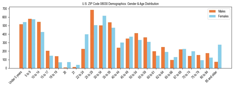 Bar chart showing the population distribution of US ZIP Code 08030 by age group and gender, based on 2023 ACS data.