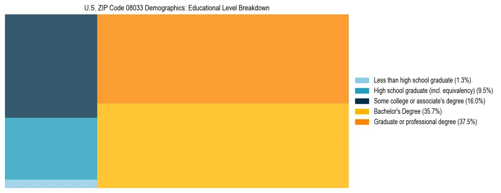 Treemap chart illustrating the educational attainment breakdown for population 25 years and over in US ZIP Code 08033.