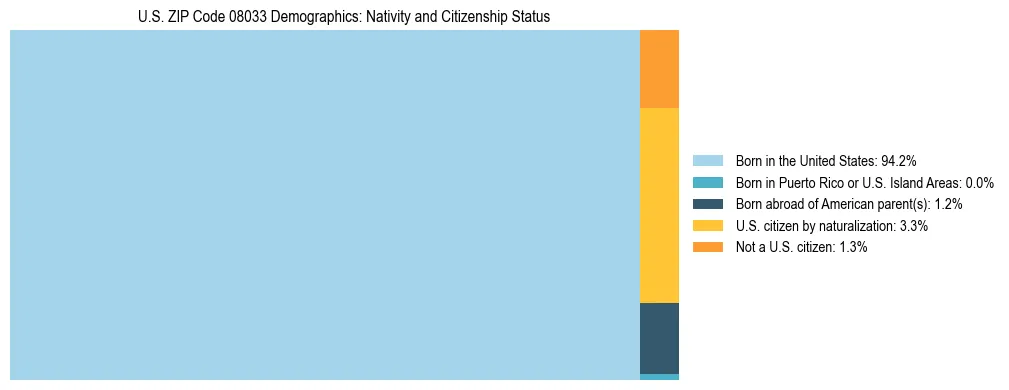 Treemap showing the population distribution by nativity and citizenship status in US ZIP Code 08033 based on U.S. Census data.