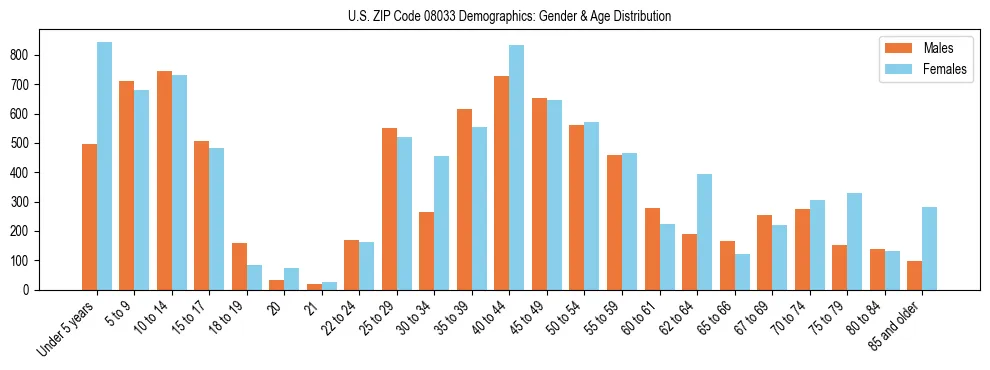 Bar chart showing the population distribution of US ZIP Code 08033 by age group and gender, based on 2023 ACS data.
