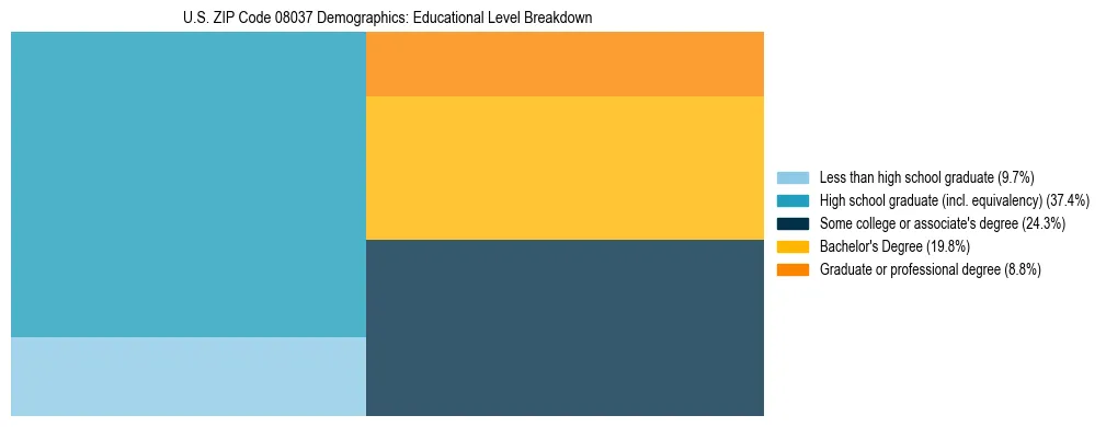 Treemap chart illustrating the educational attainment breakdown for population 25 years and over in US ZIP Code 08037.